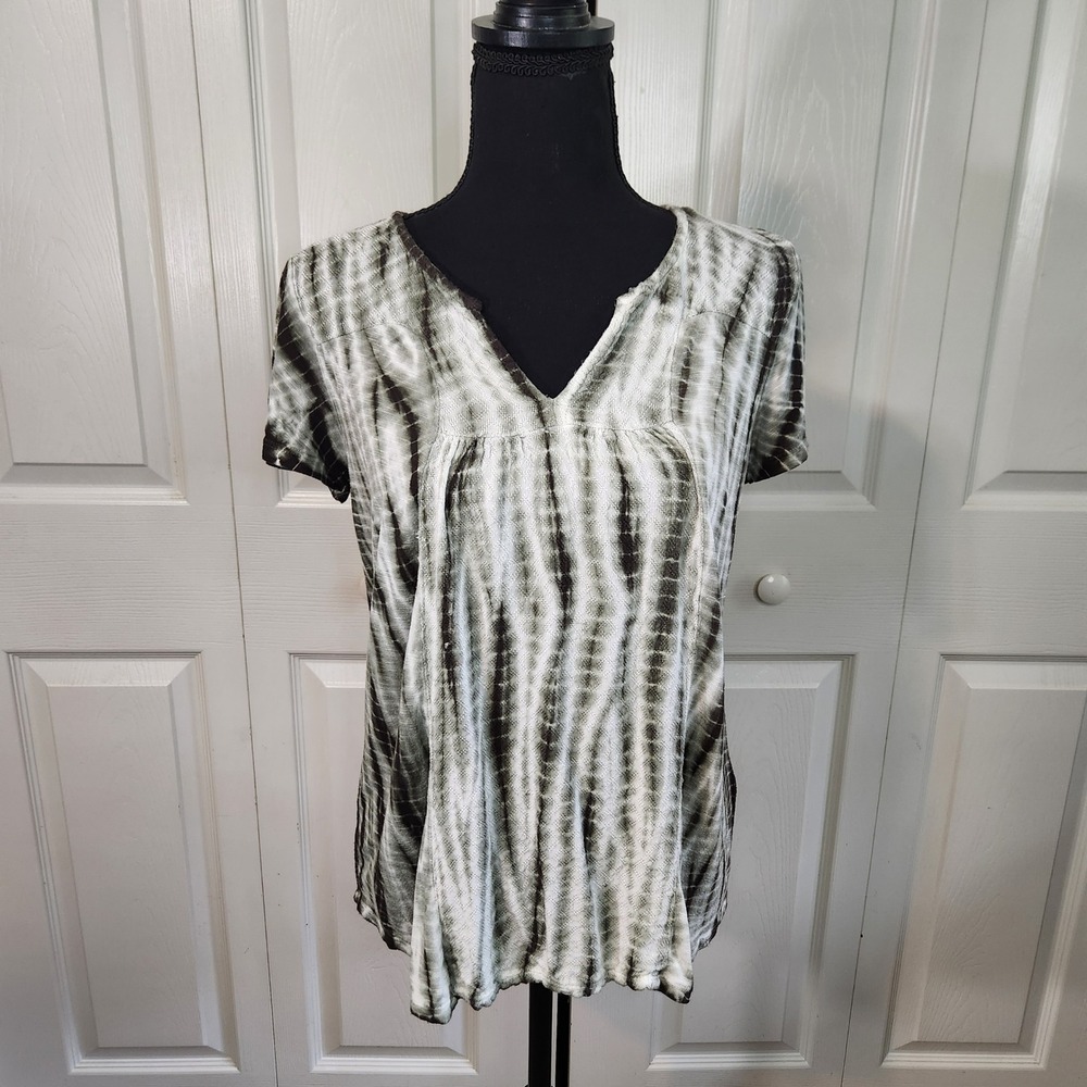 Knox Rose Womens Small Top Olive Green Tie‎ Dye V-Neck Lace Back Short Sleeve